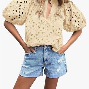 Chic Beige Eyelet Women's Blouse